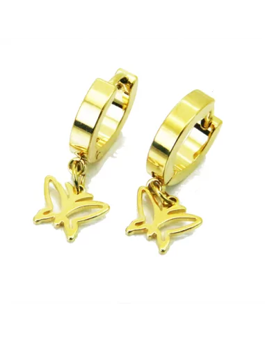 Boucles d'oreilles femme acier doré à l'or fin créoles pendentif papillon
