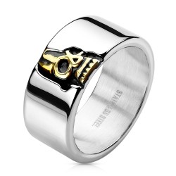 Stainless steel man wide ring with half-skull pattern with endless ended gold, customizable by engraving.