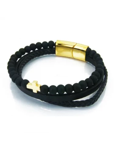 Men's multi-row black pearl leather bracelet, steel clasp decorated with a gold cross