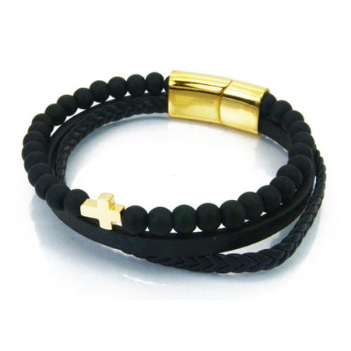 Brazalete de hombre de varias filas de cuero negro con perla, cierre de acero decorado con una cruz de oro