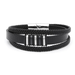 Men's bracelet black braided leather triple rows links and clasp magnet steel 20cm
