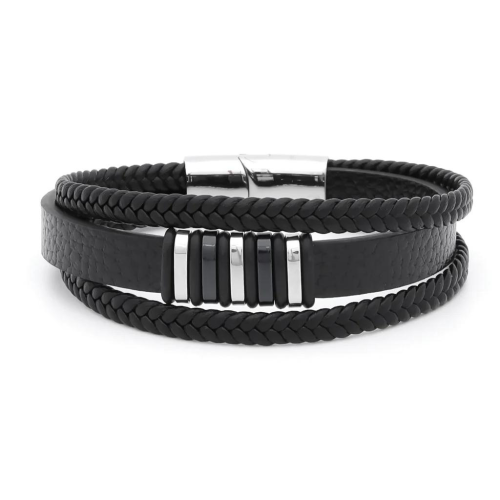 Bracelet Men's Black Leather Triple Rangs Links and Clasp Magnetic Steel 20cm