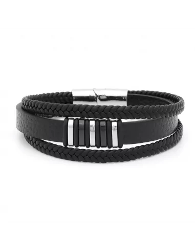 Men's bracelet black leather braided triple rows links and magnetic steel clasp 20cm