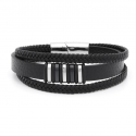 Bracelet Men's Black Leather Triple Rangs Links and Clasp Magnetic Steel 20cm
