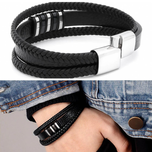 Men's bracelet Black Leather Triple Rangs Links and Clasp Magnetic Steel 20cm Scope