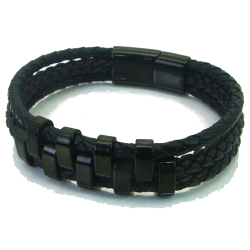 Bracelet homme cuir tressé trois rangs et anneaux noir fermoir acier 21cm