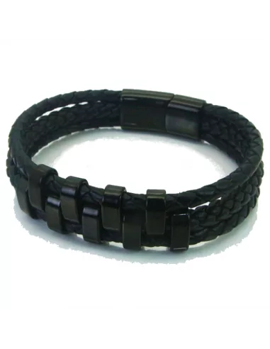 Men's braided leather bracelet three rows and black rings steel clasp 21cm