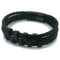 Bracelet homme cuir tressé trois rangs et anneaux noir fermoir acier 21cm
