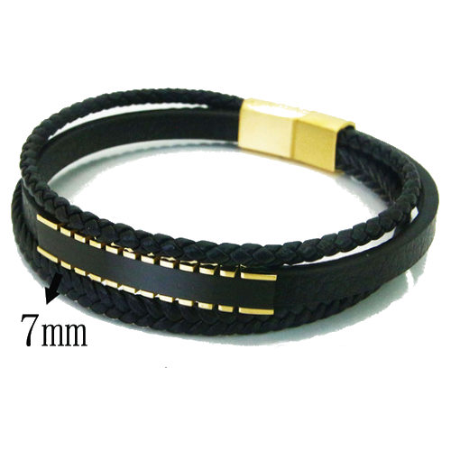 Mehrreihiges Herren-Lederarmband mit schwarzer Stahlplatte und Goldgravur möglich