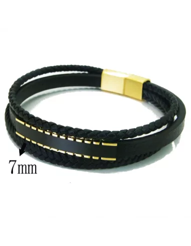 Men's multi-row leather bracelet with black steel plate and gold engraving possible
