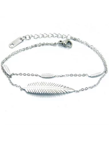 Women's feather bracelet in stainless steel double fine adjustable chain
