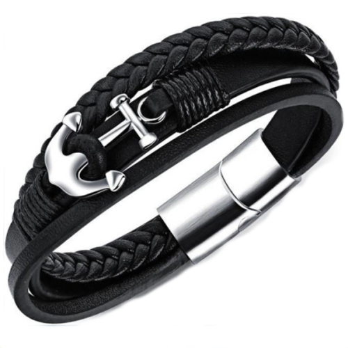 Bracelet homme multirangs cuir noir ancre marine fermoir acier 21cm