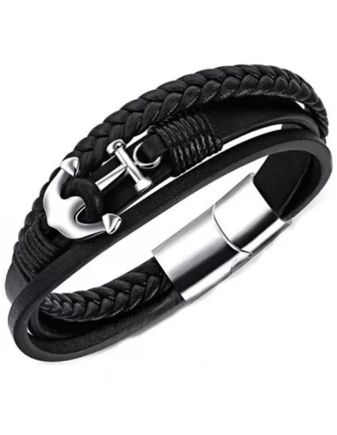 Men's multi-row black leather bracelet with navy anchor and steel clasp 21cm