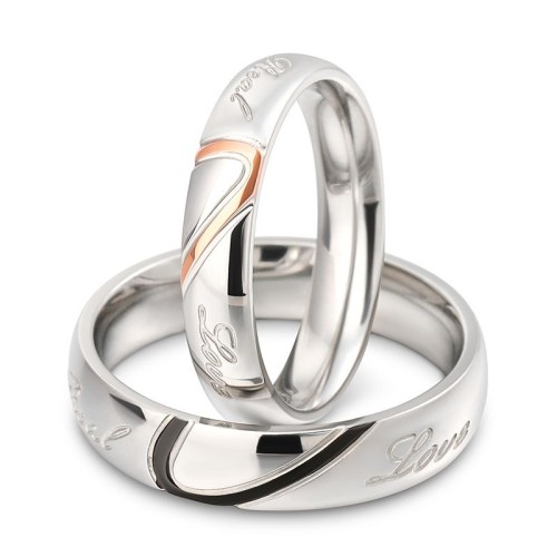 Bague anneau de fiançailles couple femme homme acier bicolore or coeur love