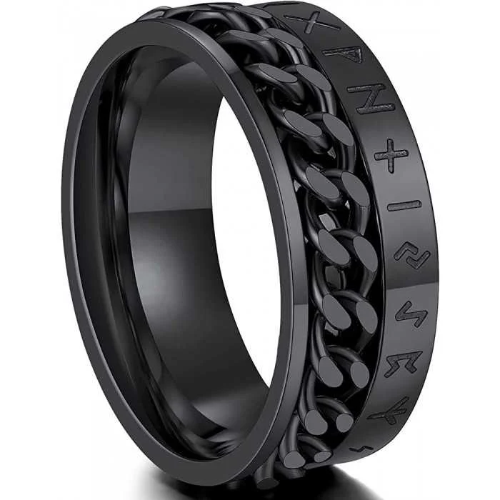 Bague anneau runique homme acier noire chaine anti-stress alphabet