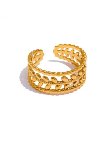 Anello aperto anello donna regolabile in acciaio dorato con foglia di alloro oro pregiato