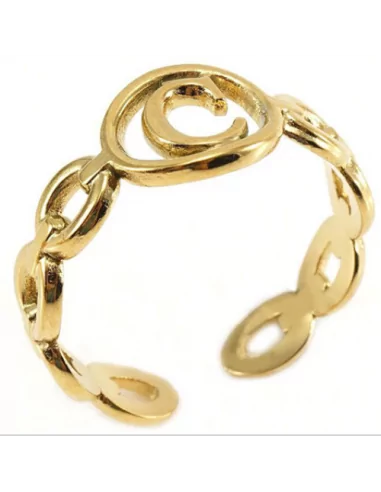 Bague ouverte anneau ajustable femme en acier doré à l'or fin lettre C