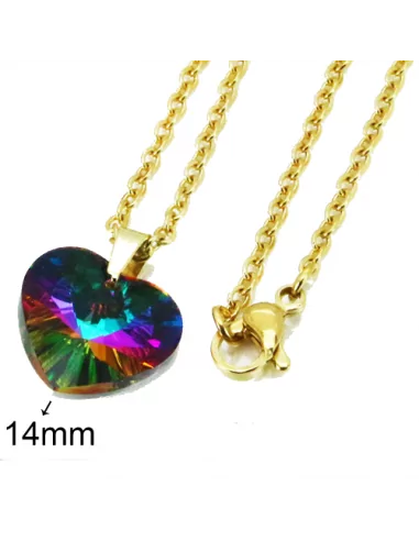 Collana catena ornamento e ciondolo donna in acciaio dorato cuore oro cristallo multicolore