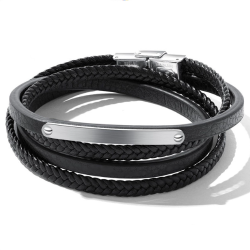 Brazalete de cuero genuino de varias hileras de acero negro para hombre con placa de acero personalizada