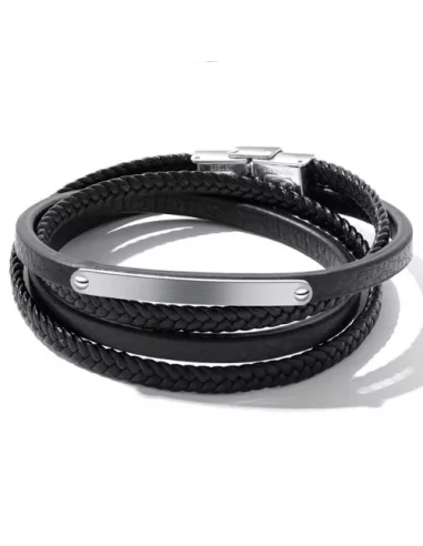 Men's black multi-row steel genuine leather bracelet with personalized steel plate