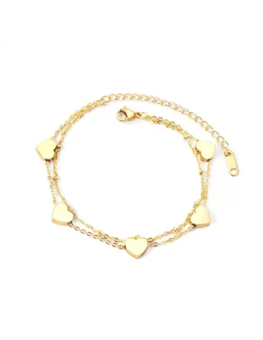 Bracelet femme acier doré à l'or fin double chaine coeur valentin