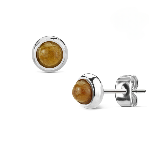 Pair of women's steel earrings set with semi-precious tiger eye stones
