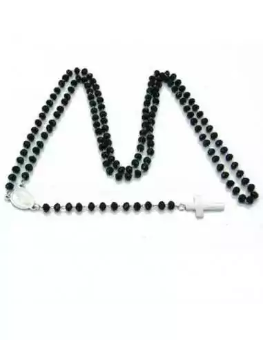 Damen-Rosenkranz aus Stahl und feiner Kette aus schwarzen Perlen, Kreuz-Medaillon der Jungfrau Maria