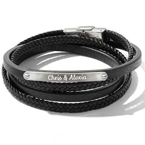 Men's bracelet personalized leather and engraved silver plated