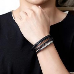 Brazalete de cuero genuino de varias hileras de acero negro para hombre con placa de acero personalizada