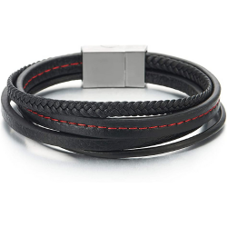 Bracelet homme cuir noir tressé couture rouge quatre rangs et fermoir acier 21cm