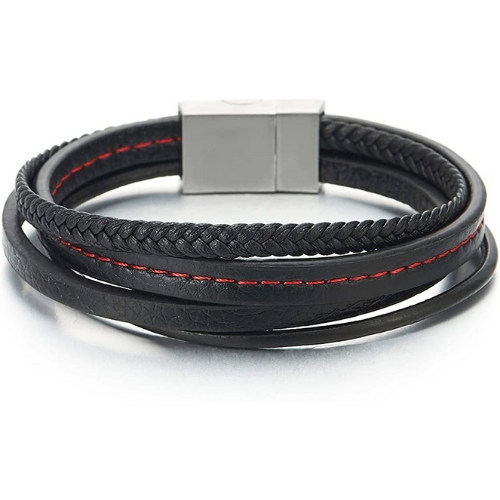 Geflochtenes Herrenarmband aus schwarzem Leder mit vierreihigen roten Nähten und Stahlschließe, 21 cm