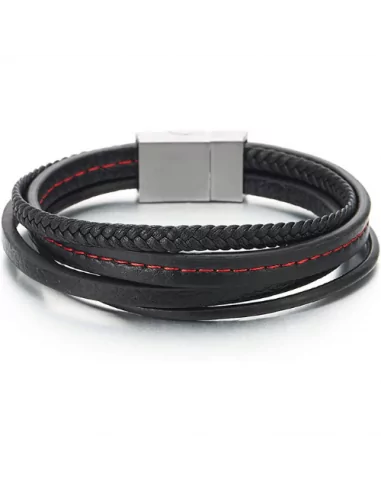 Men's braided black leather bracelet with red stitching four rows and steel clasp 21cm