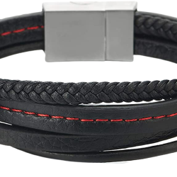 Bracciale da uomo in pelle nera intrecciata con impunture rosse quattro file e chiusura in acciaio 21cm