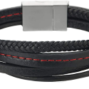 Bracelet homme cuir noir tressé couture rouge quatre rangs et fermoir acier 21cm vue pov