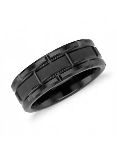 Black tungsten wedding ring with brushed center and alternating grooves