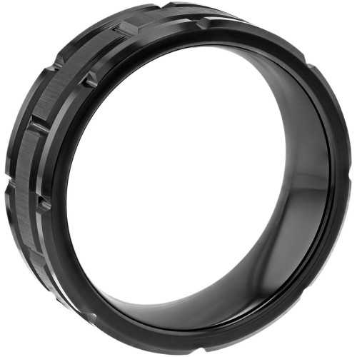 Wedding ring in black tungsten with brushed center and alternating grooves side view