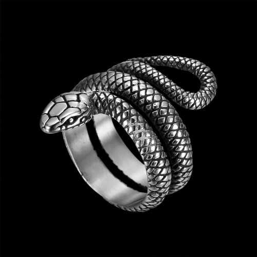 Uomo anello uomo serpente forma pitone reale royal color argento acciaio su sfondo nero
