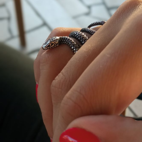 Anillo de serpiente de acero conducido al dedo de una mujer para un estilo audaz, misterioso y espiritual