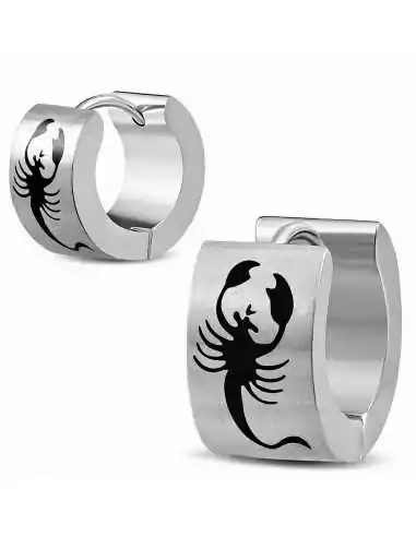 Men's stainless steel hoop earrings with scorpion engraving with clips