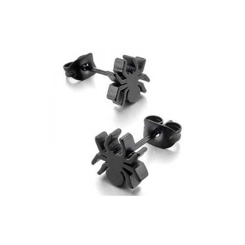 Pair of black steel men's earrings in the shape of a spider
