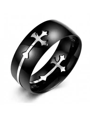 Bague anneau homme acier noire croix médiévale argentée amovible
