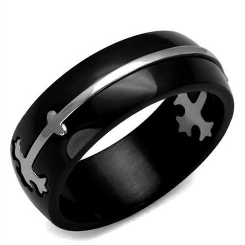 Bague anneau homme acier noire croix médiévale argentée amovible à l'envers