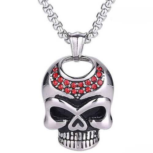 Set necklace and pendant woman steel death head set with biking pink rhinestones