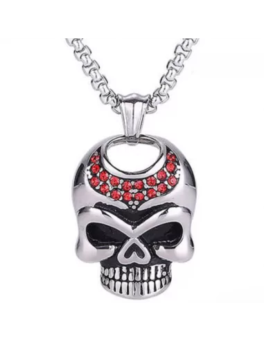 Women's steel skull necklace and pendant adornment set with biker pink rhinestones
