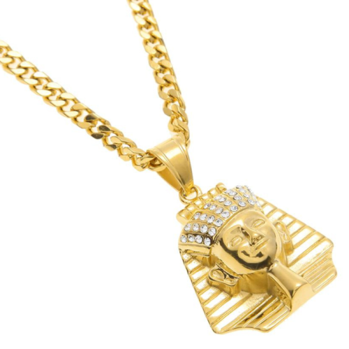 Ägyptische Pharaonenkopf-Anhänger-Halskette, Mann, Stahl, Gold, kubanische Kette im Lieferumfang enthalten