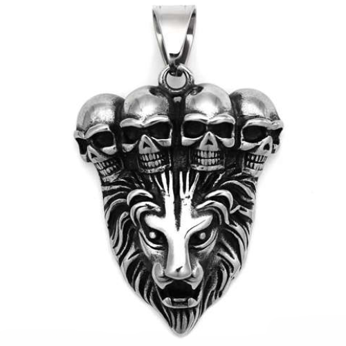 Men's pendant necklace lion crown skull biker steel chain included