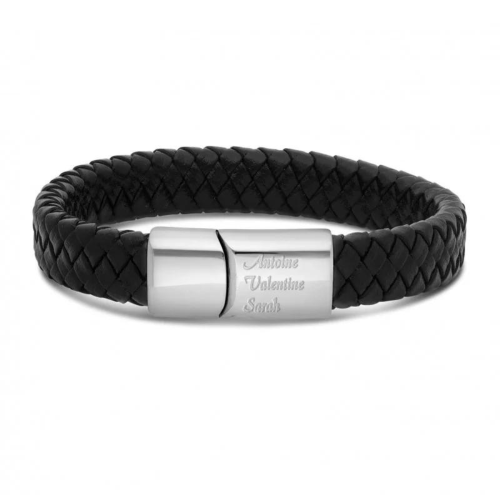 Bracelet homme cuir tressé et fermoir personnalisé à graver en acier inoxydable