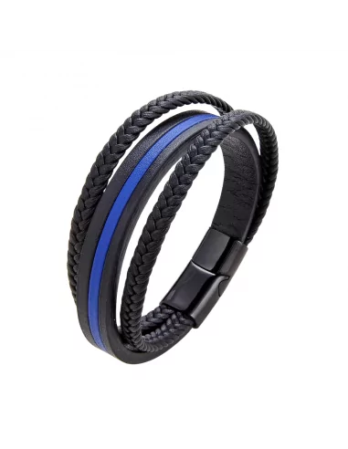 Men's leather bracelet triple rows black leather and central blue band steel clasp