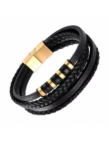 Men's braided black leather bracelet with multi-row links and golden steel clasp