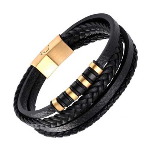 Pulsera de cuero negro trenzado hombre multi-row links y cierre de acero de oro